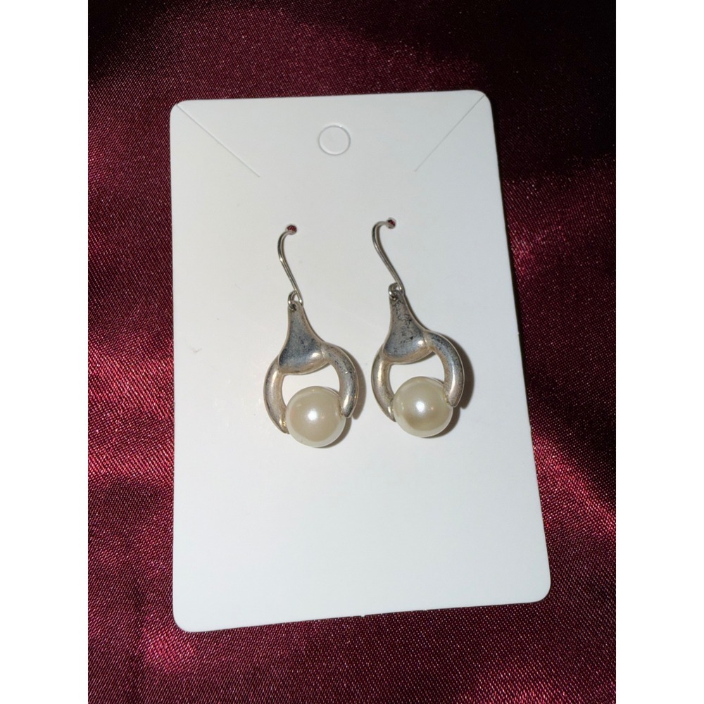 Vintage‎ Silver Tone Stirrup Faux Pearl Drop Earrings French Hook Dangle Jewelry